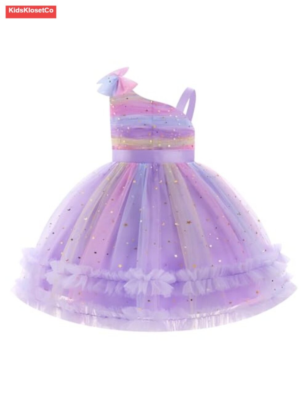 Toddler Bow Knot One Shoulder Party Dress with Tiered Tulle Skirt
